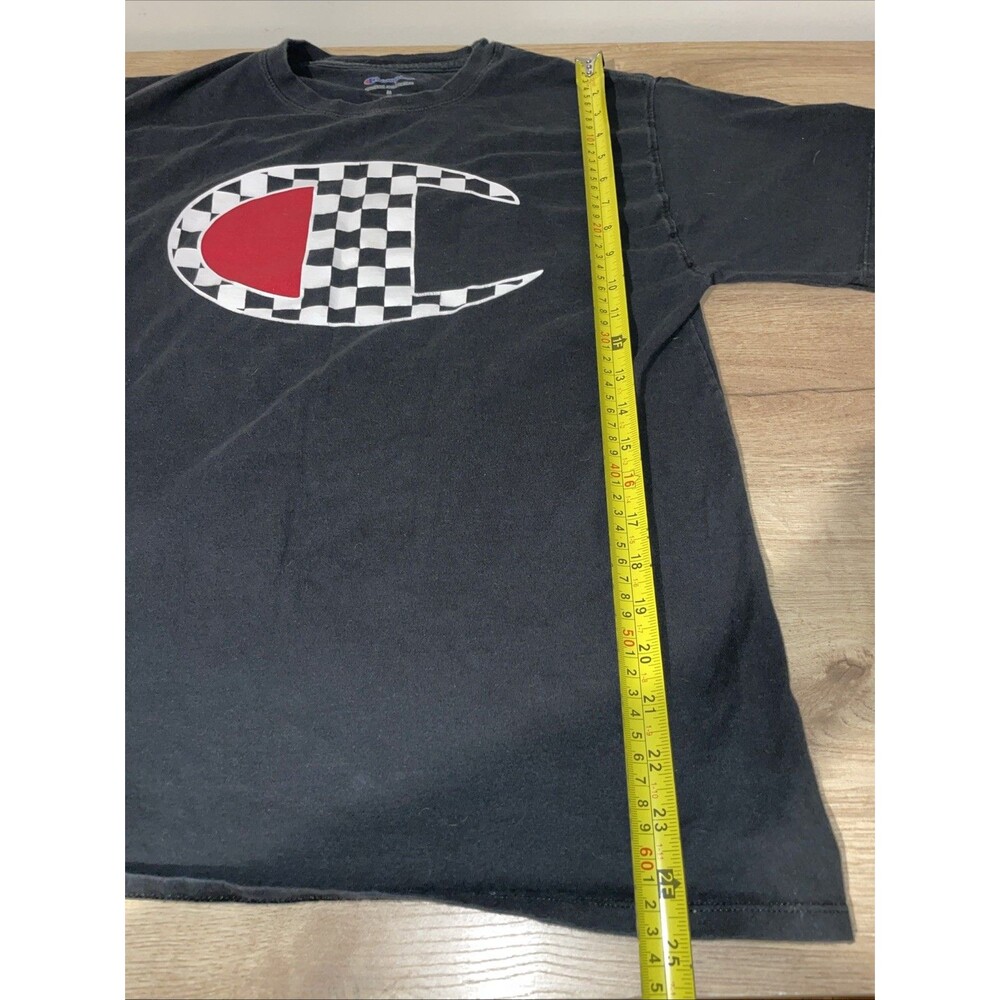 Champion T Shirt M Black Checkered Big C Logo Racing Checker Flag Mens Tee - Picture 3 of 6